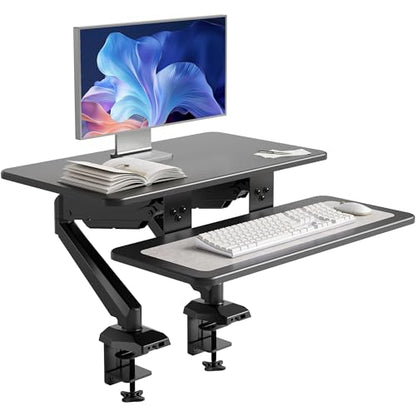 Claiks 24-Inch Sit-Stand Workstation，Innovative Space-Saving Height-Adjustable Ergonomic Desk Converter with Wide Keyboard Tray，Dual Fixation and Flexible Rotation Function, Black - color: Black, size: 24 inch