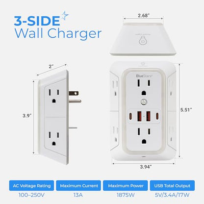 Wall Mount Power Strips Wall Charger 6 Outlet Extender 4 USB Ports (5V, 2.4A, 12W) and Night Light 3-Sided Power Strip with Adapter Spaced Outlets - Multi Plug Outlet Surge Protector for Home Office - color: White