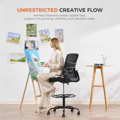 Armless Drafting Chair, Tall Office Chair for Standing Desks | A foot ring steadies legs through crafting and studio projects; breathable lumbar mesh and silent casters fit compact spaces. - color: Black-drafting