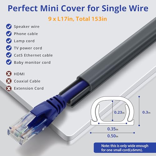 One Cord Cover Wall 153in(9X L17in) - Mini Wire Hider, Wire Cover for Hiding Speaker Wire, Baby Monitor Cord - Paintable Wire Channel for Cable Concealer, W0.5in H0.3in, CMR05 Grey - color: Grey, size: W0.5in X H0.3in X L153in