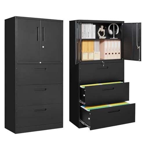 PEUKC 3-Drawer Metal File Cabinet, Lateral Vertical Filing Cabinets for Home Office, Locking File Cabinets with Storage Shelves, Legal/Letter/A4 Size Office File Cabinet (Black, Assemble Required) - color: Black, size: 65''H