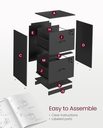 VASAGLE 2 Drawer File Cabinet with Locks, for A4, Letter Sized Documents - color: Ink Black, size: 2 Drawers