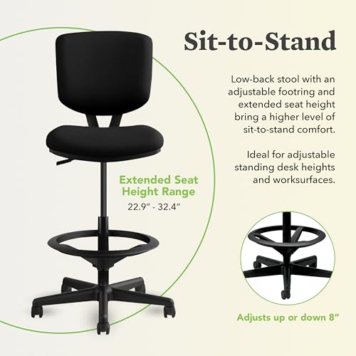 HON Volt Ergonomic Office Stool, Armless, Office Desk Computer Chair, Black - color: Fabric Back - Stool