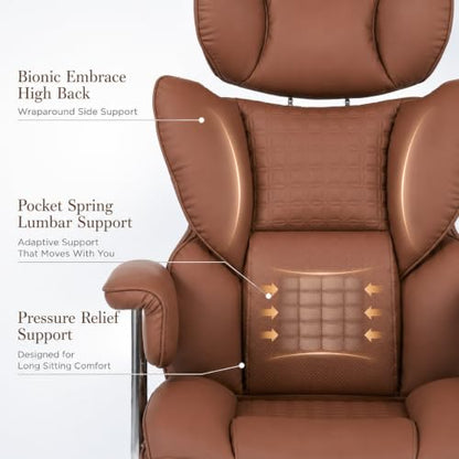 Big and Tall Office Chair, Ergonomic Executive Desk Chair with Footrest and Lumbar Support, Heavy Duty PU Leather Reclining Computer Chair with Extra Wide Seat for Home Office, Brown - color: Brown