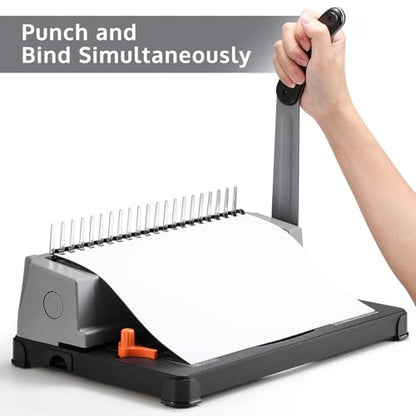 OFFNOVA Binding Machine, 21-Hole 450 Sheets Paper Comb Punch Binder Machine for Letter Size / A4 / A5 Paper, Easy to Punch Handle, Adjustable Margin, Gray - style: Single-arm Gray
