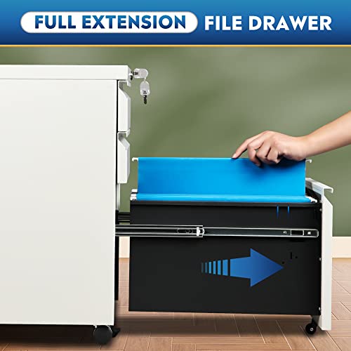 DEVAISE 3 Drawer Mobile File Cabinet with Lock, Metal, White - color: White, size: 17"D x 15"W x 24"H