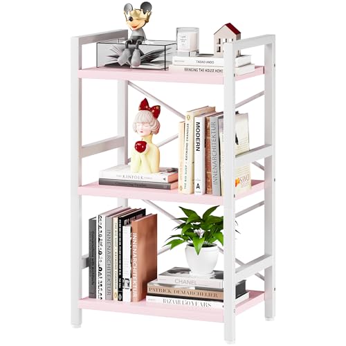 Homeiju Pink Bookshelf, 3 Tier Industrial Bookcase, Metal Small Bookcase, Rustic Etagere Book Shelf Storage Organizer for Living Room, Bedroom, and Home Office(Pink) Patent Pending D29873033 - color: Pink, size: 3 Tier