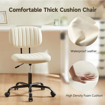 Armless Office Chair, Swivel Rolling PU Leather Vanity Chair with Back Lumbar Support Height Adjustable Computer Chair, Small Desk Chair for Home Office (Beige White) - color: Beige White