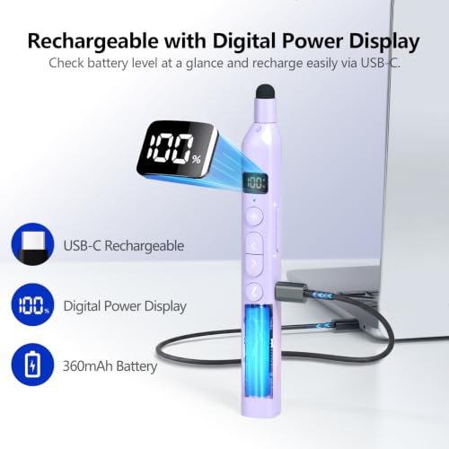 N21 Bluetooth Presentation Clicker for PowerPoint with Retractable Pointer | ①Laser Pointer②Telescopic touch pen③Countdown timer, vibration alert ④Customizable Button ⑤Rechargeable;battery level display - color: Purple - Red Pointer