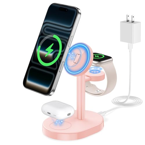 Hevanto 2026 3 in 1 Wireless Charging Station for Apple MagSafe Charger, 15W Fast Mag-Safe Charger Stand for iPhone 17 16 15 14 13 12 Apple Watch AirPods Compatible with MagSafe, Pink - color: Pink, size: 15W