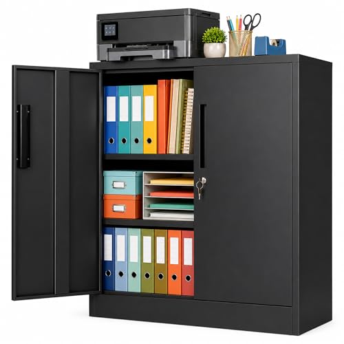 SAWJEC Metal Storage Cabinet with Lock, 35.4" H Steel Cabinet, Black | 16"D x 32"W x 35.4"H, 2 Adjustable Shelves and 2 Doors, Locking Steel Cabinet for Garage, Office, Home and Utility Storage - color: Black, size: 35"H x 31.5"W x 16"D