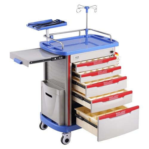 VEVOR Medical Crash Cart, Nursing Emergency Rolling Cart with 5 Drawers & 4 Silent Wheels, Adjust IV Pole, Needle Disposal Holder, Trash Bin, O2 Holder, Mobile Trolley for Hospital, Clinic, Lab, Salon - color: Grey + Blue