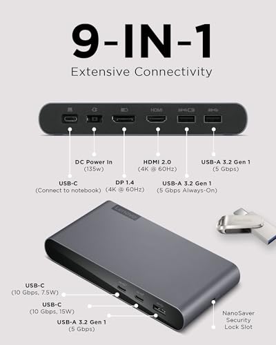 Lenovo Docking Station USB-C Universal Business Dock – Dual Display (1 DP 1.4 & 1 HDMI 2.0) – 65W Charging for Laptop (90W Power Adapter Included) – 3X USB-A & 2X USB-C Ports – Windows Compatible - style: Business Dock