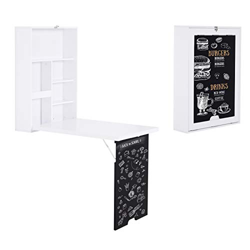 White Wood Wall Mounted Hideaway Desk with Storage for Small Spaces | Folding Desk with A Blackboard, Expandable Computer Desk, Pull Out Study Table for Bedroom Apartment - color: White,