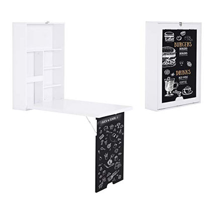 White Wood Wall Mounted Hideaway Desk with Storage for Small Spaces | Folding Desk with A Blackboard, Expandable Computer Desk, Pull Out Study Table for Bedroom Apartment - color: White,