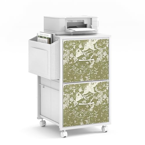 VINGLI 2 Drawer File Cabinet with Side Bag, Rolling File Cabinet Mobile Under Desk File Cabinet with Wheels, Fabric Drawers Printer Stand for Home Office, Fits Letter Size, White Green - color: White Green, size: Small 2 Drawers