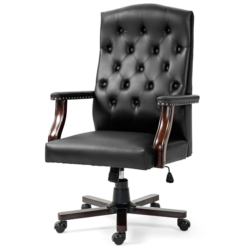 Tufted Office Chair, Faux Leather Executive Desk Chair w/High Back & Nail Head Trim,Ergonomic Wingback PC Chair for Home Living Room (Black) - color: Black
