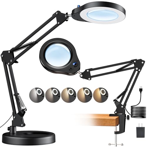 10X Magnifying Glass with Light and Stand, 5 Color Modes Stepless Dimmable LED Magnifier, Hands Free Desk Lamp with Clamp for Close Work Craft Reading Repair