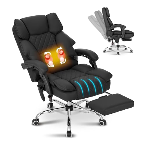 Kneading Massage Office Chair with Heated,90-135° Reclining Executive Office Chair with Footrest,Computer Desk Chair with Wheels,Diamond-Stitched Cushion Leather Office Chair (Black) - color: Black