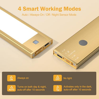 V4light Motion Sensor Cabinet Light, Rechargeable, Dimmable, 2Pcs, 9in | Gold aluminum, magnetic wireless, 1800mAh, 3 color temps & dimmable, ideal for kitchen cabinets, shelves & closets - color: Gold
