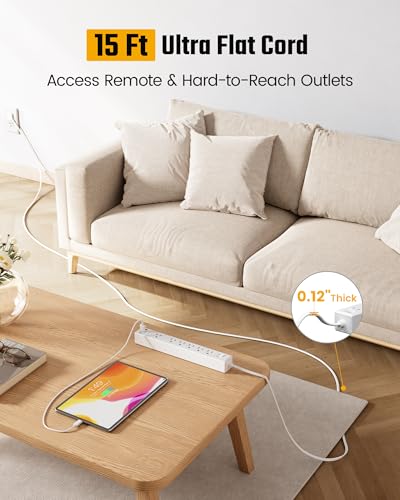 15Ft Long Extension Cord, SUPERDANNY Flat Plug Surge Protector Power Strip | 6 Outlets & 3 USB, Flat Plug Power Strip Wall Mountable, Desk Charging Station for Home, Office, College Dorm Room Essentials - color: White, size: 15FT