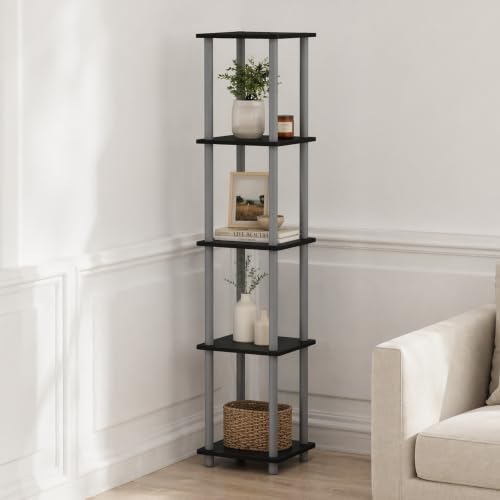 Furinno Turn-N-Tube Storage Shelves, 5-Tier Square Book Shelf, Corner Shelf, Toolless Open Shelves, Round Tubes, for Organization and Storage, Living Room, Garage, Home Office, Black - color: Black/Grey, size: 5-Tier