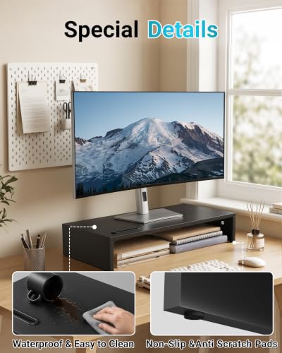 1home Ergonomic Monitor Stand Riser, 21.3 Inch Wood Desktop Stand with Cellphone Holder and Cable Management, Black - color: Black, size: 21.3 x 10 x 4 inches