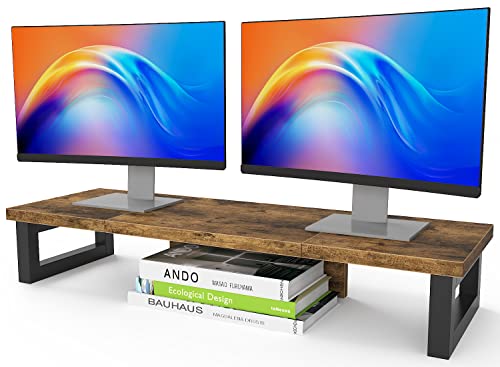 WESTREE Dual Monitor Stand Riser, Wood and Steel Monitor Stand Riser, Computer Monitor Stand for 2 Monitors, Multi-Purpose Desktop Storage Stand for Computer,Laptop,Printer,TV - color: Brown