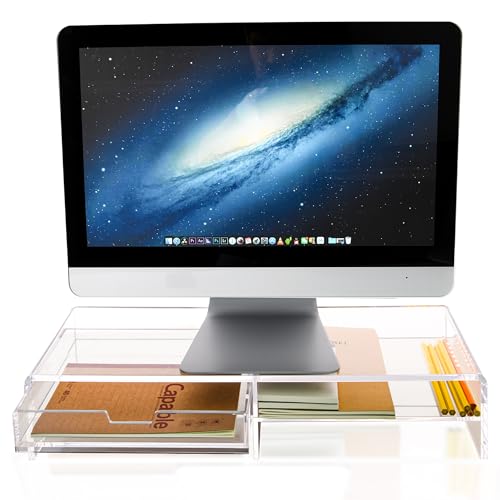 2-Tier Acrylic Monitor Stand Riser with Drawer - 19.68" Large Clear Laptop Stand - Ergonomic Desk Organizer for Computer, iMac, MacBook - Sturdy Storage Shelf for Office Supplies & Home Desktop