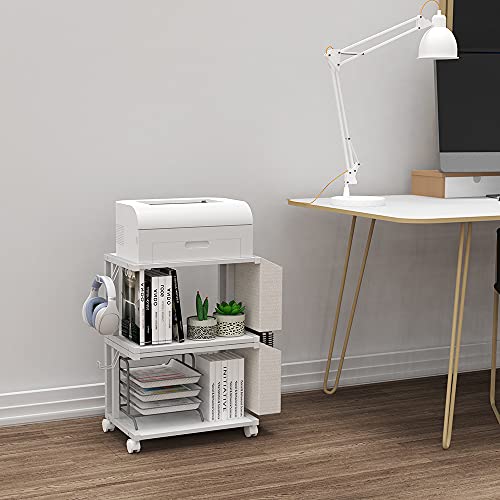 VEDECASA 2 Tier Modern White Wooden Under Desk Printer Stand with Storage Bag for Home Office Desktop Printer Table Organizer Mobile Printer Shelf Cart with Caster Wheel (White) - color: White