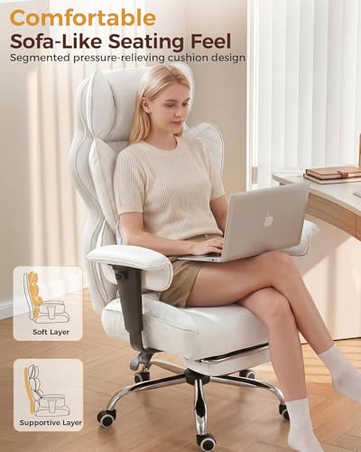 COMHOMA Big and Tall Office Chair Heavy Duty Gaming Chair with Deluxe Embossing Leather High Back Wider Ergonomic Computer Chair with Foot Rest 145°Reclining Pocket Spring Lumbar Support - color: Ivory White
