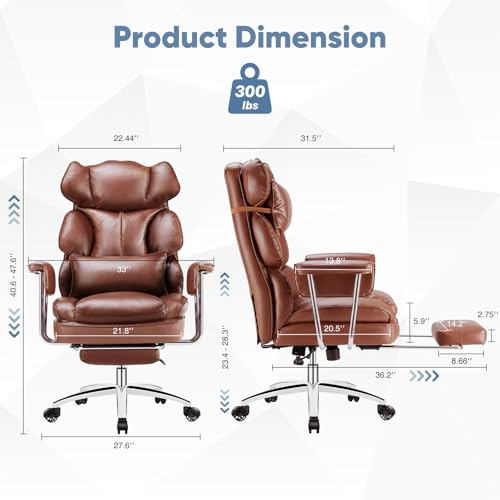 DUMOS Ergonomic Home Office Desk Chair, Executive Chair, PU Leather | Big Tall High Back, Lumbar Support, Reclining Height Adjustable, Computer Gaming, Footrest Swivel Wheels, Brown - color: Brown