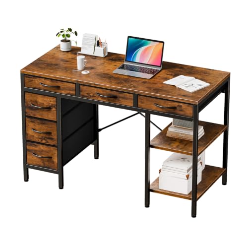 47" Computer Desk with 6 Drawers,Storage Shelves - color: Brown, size: 47-in