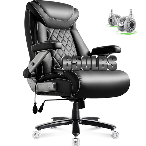 Large Big and Tall Office Chair 650lbs with Thick Spring Cushion, 5D Flip Arm Ergonomic Executive Office Chair Adjustable Lumbar Airbag&Extra Wide, Comfy Padded Heavy Duty Game Chair Dual Rubber Wheel - color: Black