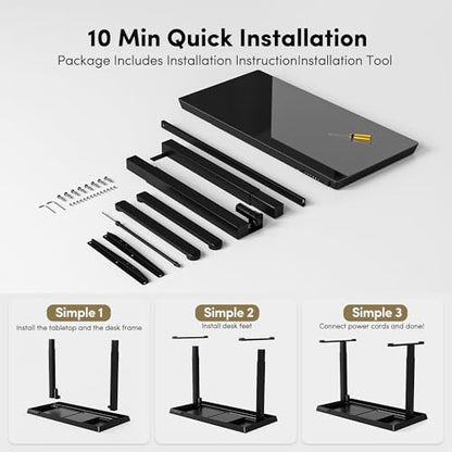 BANTI Electric Standing Desk with Drawers, 55 inch Whole-Piece Glass Desktop, Height Adjustable Stand up Sit Stand Home Office Ergonomic Workstation, Black Tabletop - color: Black, size: 55 Inch