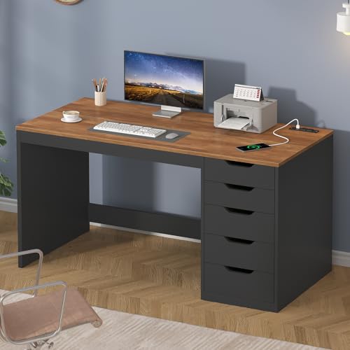 47 Inch Computer Desk with 5 Drawers and Power Outlets for Small Spaces - color: Brown and Black, size: 47inch-5drawers