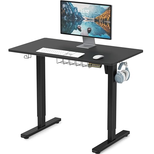 SHW 40 x 22 Electric Height Adjustable Sit to Stand Desk, Black | with Hanging Hooks and Cable Management, Black Frame and Black Top - color: Black, size: 40-Inch