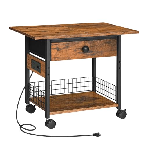 HOOBRO Printer Stand with Charging Station, 2-Tier Printer Cart, Under Desk Printer Table with Power Outlet, Wheeled Printer Table with Fabric Drawer, for Home Office, Rustic Brown and Black BF56UPS01