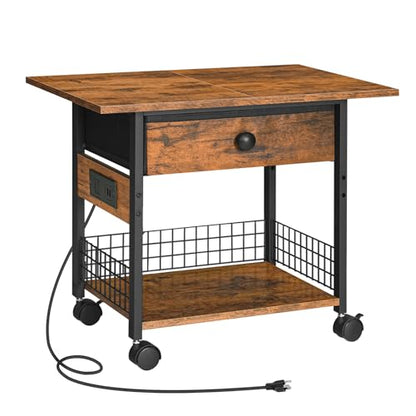 HOOBRO Printer Stand with Charging Station, 2-Tier Printer Cart, Under Desk Printer Table with Power Outlet, Wheeled Printer Table with Fabric Drawer, for Home Office, Rustic Brown and Black BF56UPS01