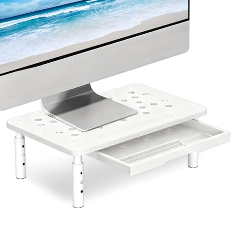 Ergonomic Monitor Stand Riser with Drawer, 3 Height Adjustable (3.9/4.7/5.5 inch) Heavy Duty Carbon Steel+PE Computer Desk Organizer with Storage for Laptop Printer Dual Screens, 14.6 x 9.1 inch (White) - color: White