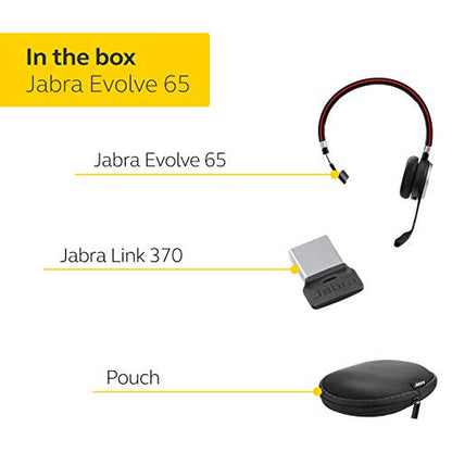 Jabra Evolve 65 MS Teams Wireless Headset, Mono – Includes Link 370 USB Adapter – Bluetooth Headset with Industry-Leading Wireless Performance, Advanced Noise-Cancelling Microphone, All Day Battery - size: Single-ear, USB-A Dongle, style: Teams Certified