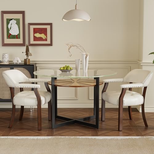 LEEMTORIG Set of 2 Faux Leather Dining Chair with Arms, Dining Chair with Supportive Back, Game Poker Table Chairs, Boss Caption's Chairs Office Desk Chairs, Cherry Walnut Legs & Ivory PU NX173C - color: Cherry Walnut Legs & Ivory Pu, size: Set of 2