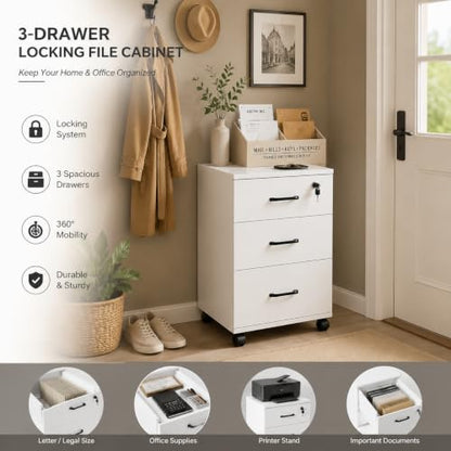 Lockable 3-Drawer Mobile Filing Cabinet with Wheels, Heavy-Duty Vertical Under Desk Storage & Printer Stand, Compatible with A4, Letter, Legal Size Hanging Files Home Office Use (White) - color: White