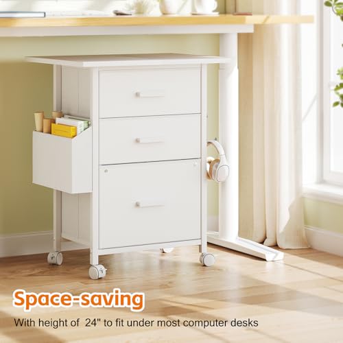 3-Drawer Mobile File Cabinet with 22" Wide Printer Stand, Fabric Under Desk Filing Cabinet with Side Bag & Headphone Hook, Fits Letter/A4 Size Hanging File Folders, Rolling Home Office Organizer,White - color: White