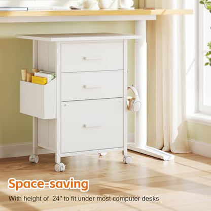 3-Drawer Mobile File Cabinet with 22" Wide Printer Stand, Fabric Under Desk Filing Cabinet with Side Bag & Headphone Hook, Fits Letter/A4 Size Hanging File Folders, Rolling Home Office Organizer,White - color: White