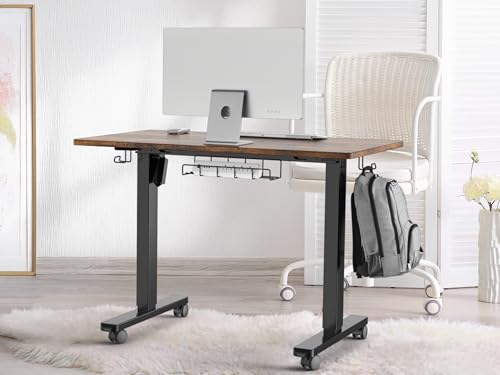 SHW Mobile Electric Height Adjustable Standing Desk w/Drawer, Rustic Brown | 40" Wide Top | w/ Memory Presets and Cable Management | Drawer with adjustable compartments | Hanging Hooks - color: Rustic Brown