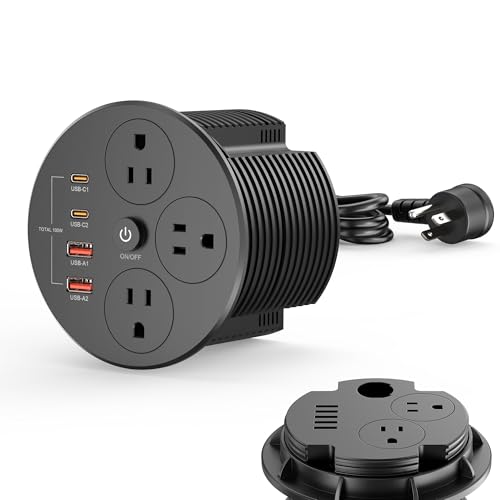 100W USB C Desktop Power Grommet, Double-Side 4 USB 5 Outlets (15Amp) | 4inch Hole Flush-Mount Recessed Power strip for Workspace Essential Desk Outlet Countertop Black - color: Black