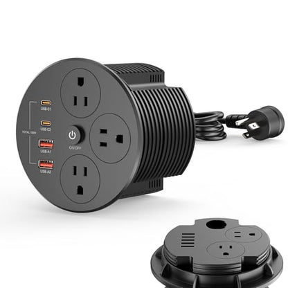 100W USB C Desktop Power Grommet, Double-Side 4 USB 5 Outlets (15Amp) | 4inch Hole Flush-Mount Recessed Power strip for Workspace Essential Desk Outlet Countertop Black - color: Black