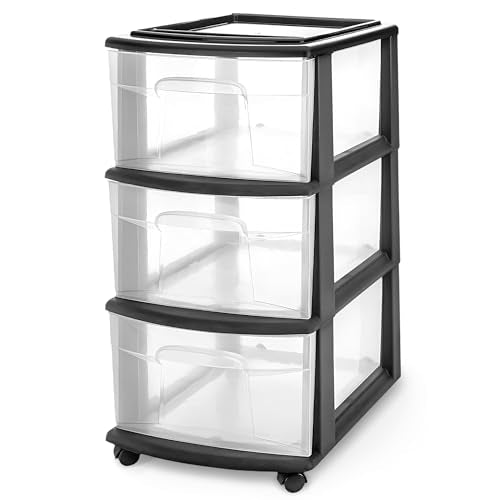 HOMZ Drawer Tower, 3-Tier Storage Cart with Removable Wheels, Black Frame - color: Black, size: 1 Pack