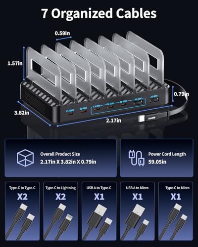 288W Charging Station for Multiple Devices, 8-Port Multi USB C Fast Charger Station Dock with Adjustable Dividers & 7 Cables,Multi-Purpose Desktop and Wall Fast Charger for iPhone, iPad,Tablets & More